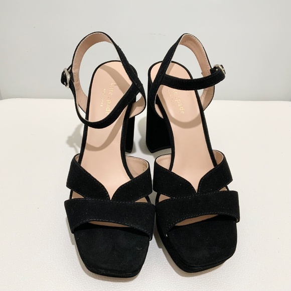 Kate Spade Delight Platform Heel Sandal Black Suede Block Heel Ankle Strap Pumps - Picture 8 of 16